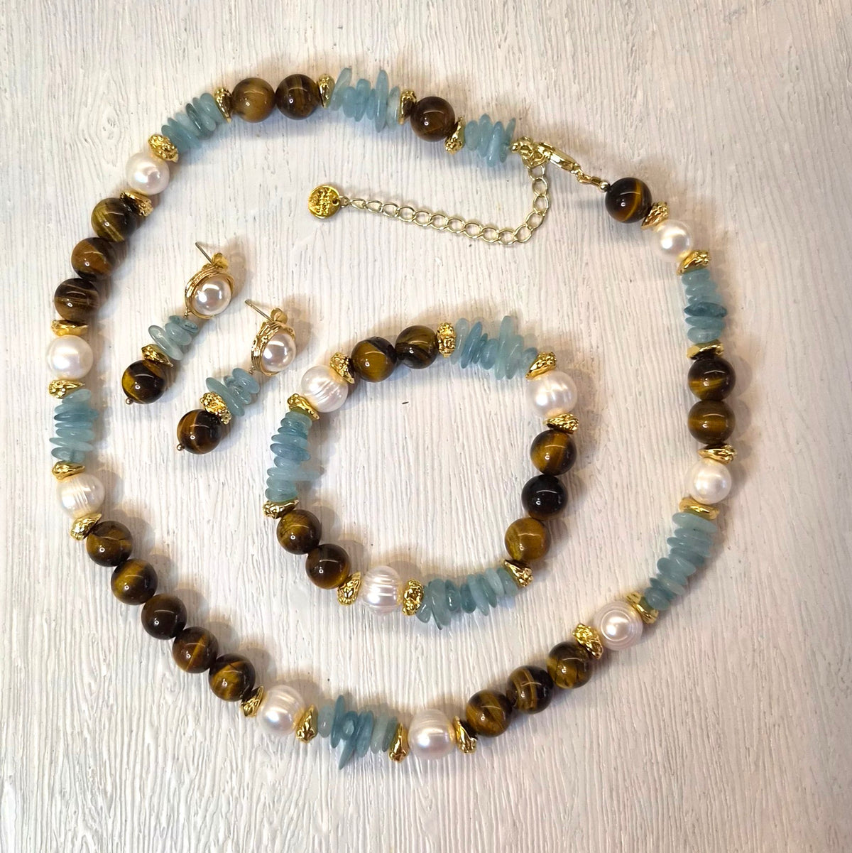 Azuro Tiger Eye, Aquamarine and Pearl Necklace bracelet and earrings