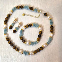 Azuro Tiger Eye, Aquamarine and Pearl Necklace bracelet and earrings
