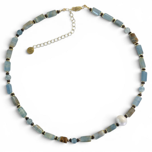 Azzurra Blue Calcite, Bronzite and Pearl Necklace