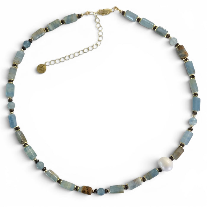 Azzurra Blue Calcite, Bronzite and Pearl Necklace