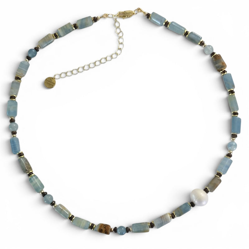 Azzurra Blue Calcite, Bronzite and Pearl Necklace