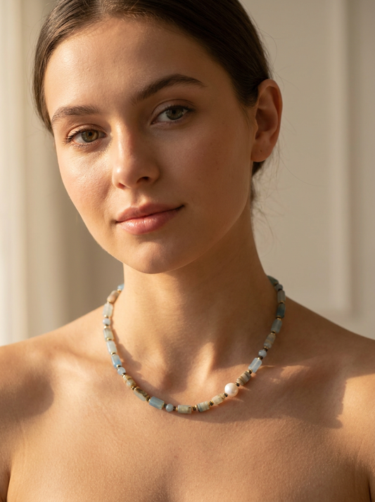 Azzurra Blue Calcite, Bronzite and Pearl Necklace