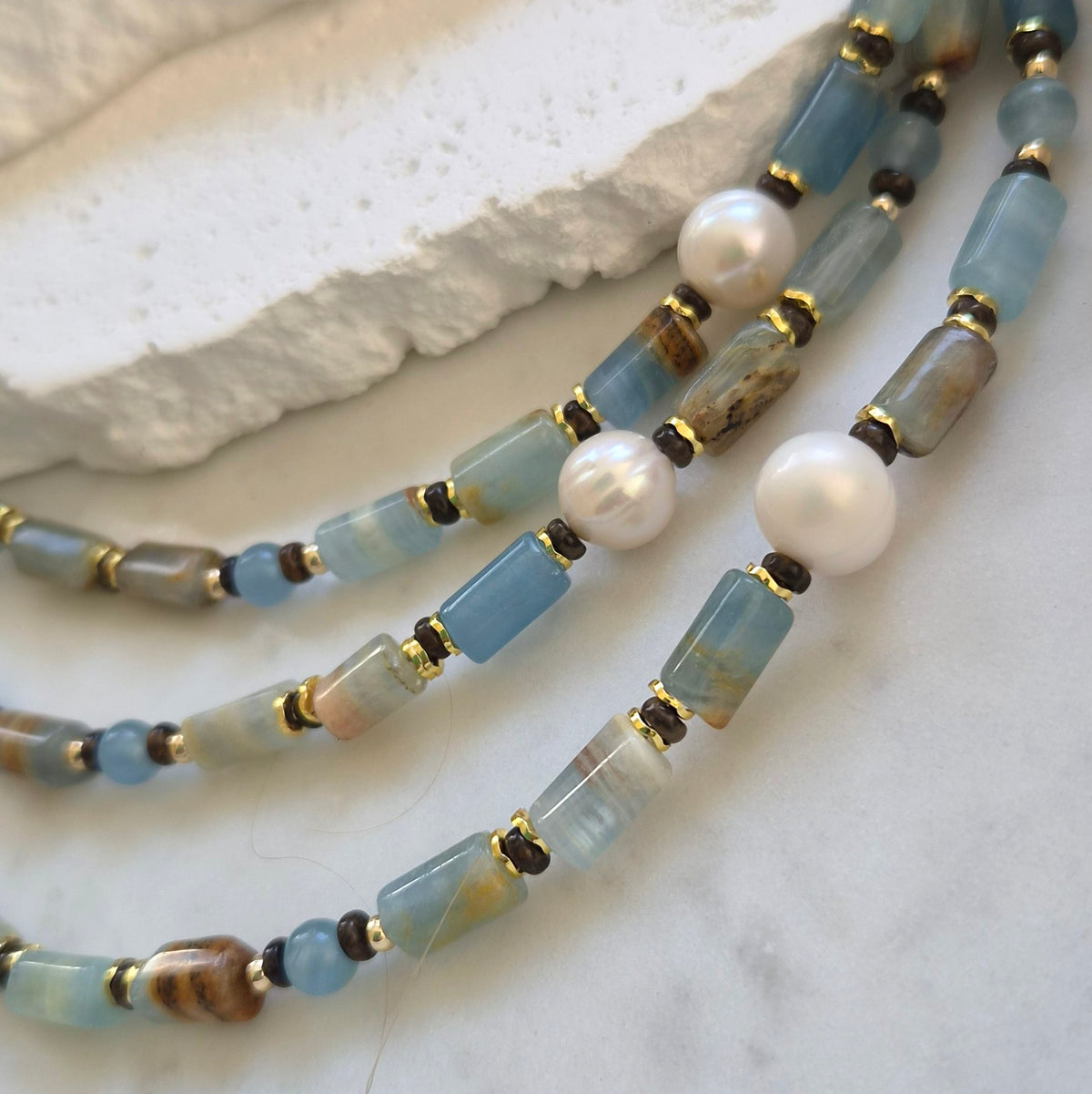Azzurra Blue Calcite, Bronzite and Pearl Necklace