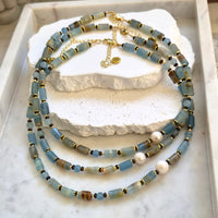 Azzurra Blue Calcite, Bronzite and Pearl Necklace