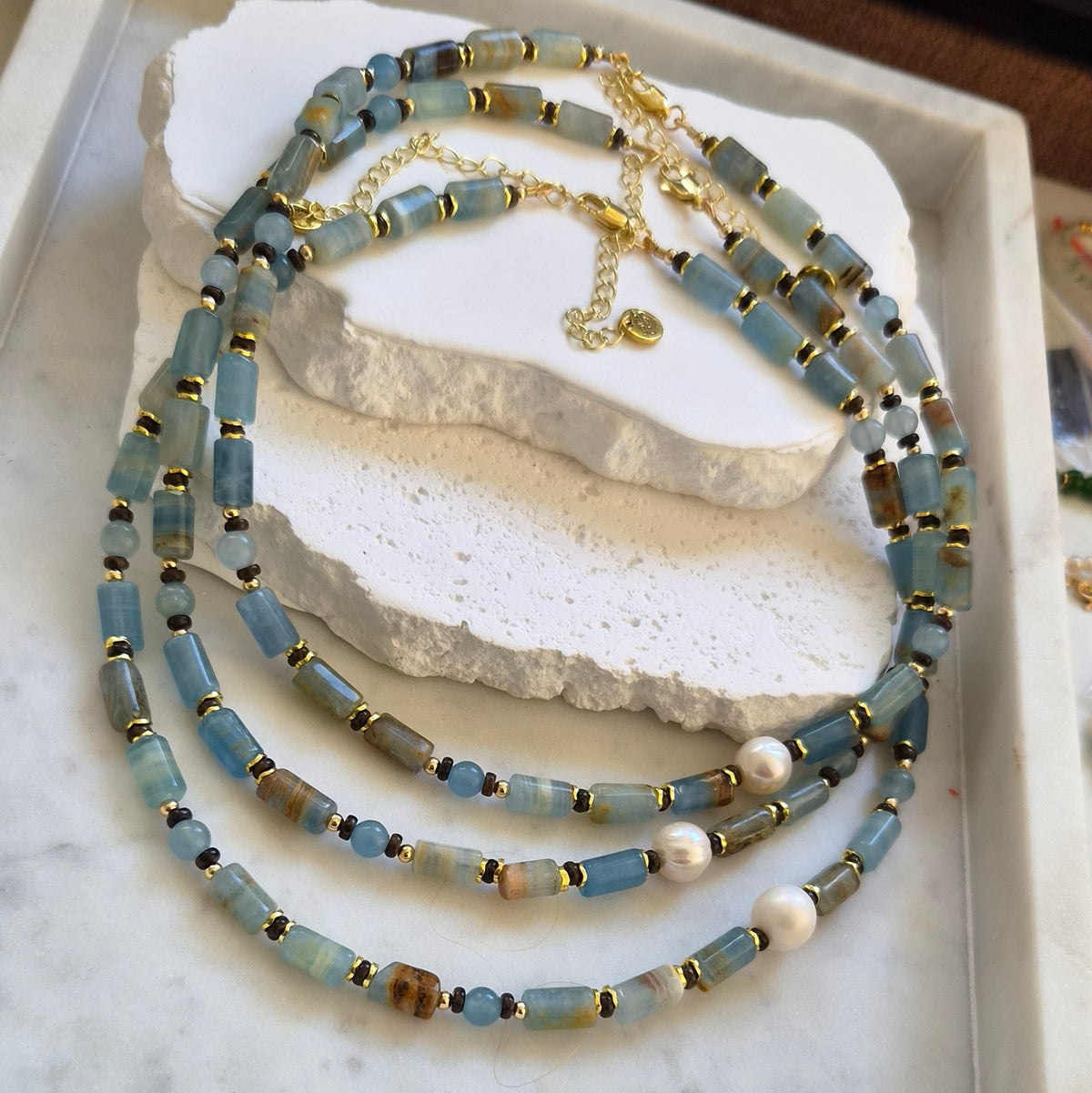 Azzurra Blue Calcite, Bronzite and Pearl Necklace