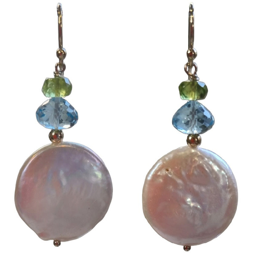 Blush Blue Topaz, Peridot and Freshwater Pearl Earrings Silver or Gold filled