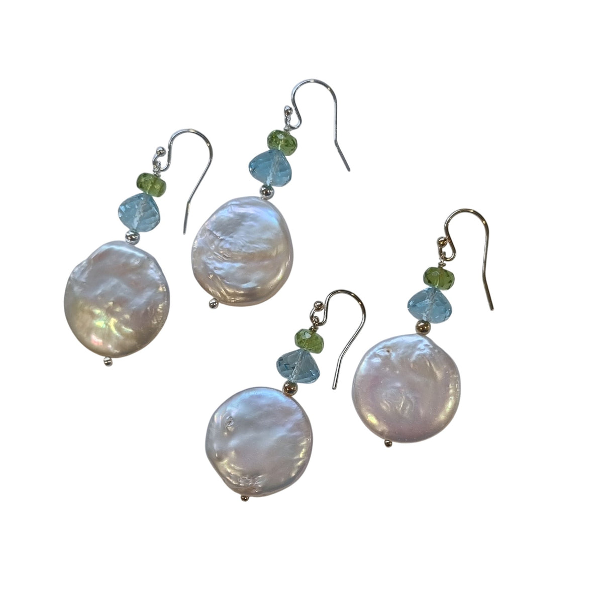 Blush Blue Topaz, Peridot and Freshwater Pearl Earrings Silver or Gold filled