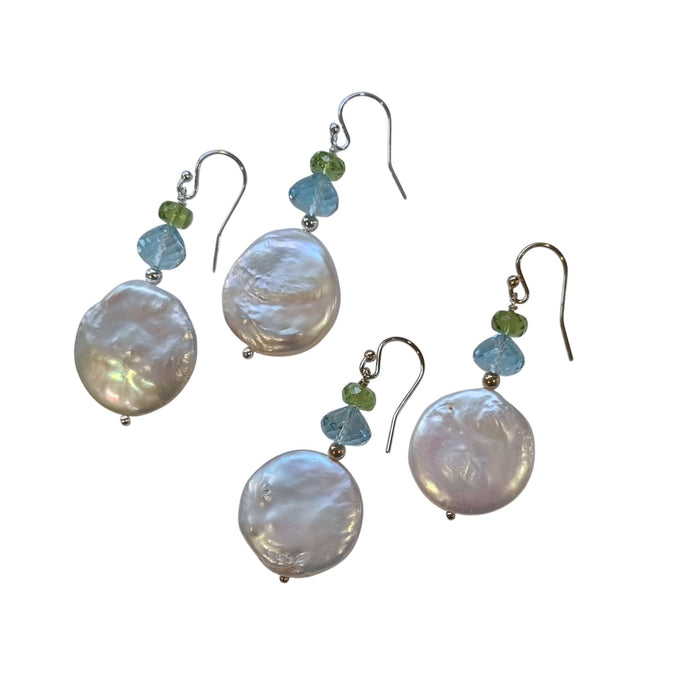 Blush Blue Topaz, Peridot and Freshwater Pearl Earrings Silver or Gold filled