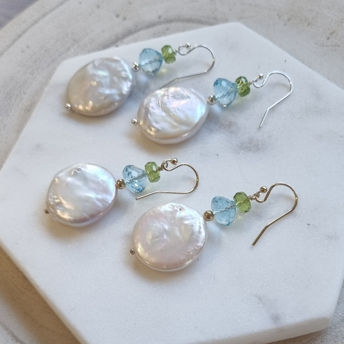 Blush Blue Topaz, Peridot and Freshwater Pearl Earrings Silver or Gold filled