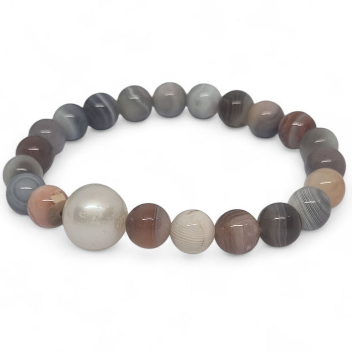 Botswana Agate and Freshwater Pearl Elastic Bracelet