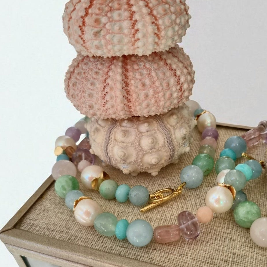 Bridgette Aquamarine, Rose Quartz, Amethyst, Chrysophase and Pearl Bracelet
