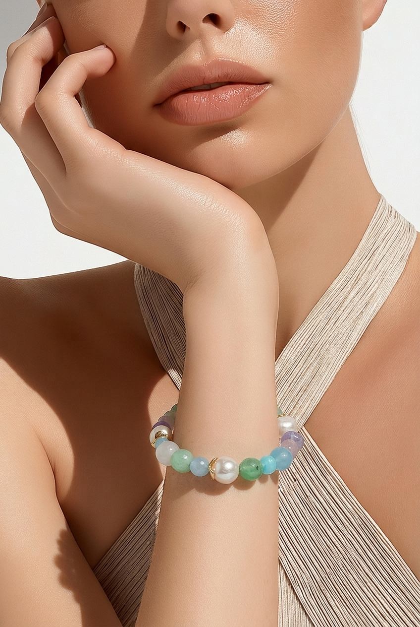Bridgette Aquamarine, Rose Quartz, Amethyst, Chrysophase and Pearl Bracelet