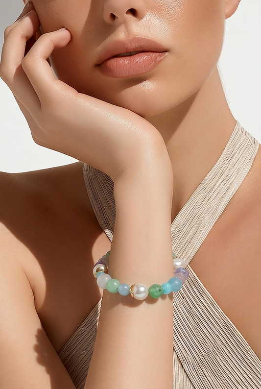Bridgette Aquamarine, Rose Quartz, Amethyst, Chrysophase and Pearl Bracelet