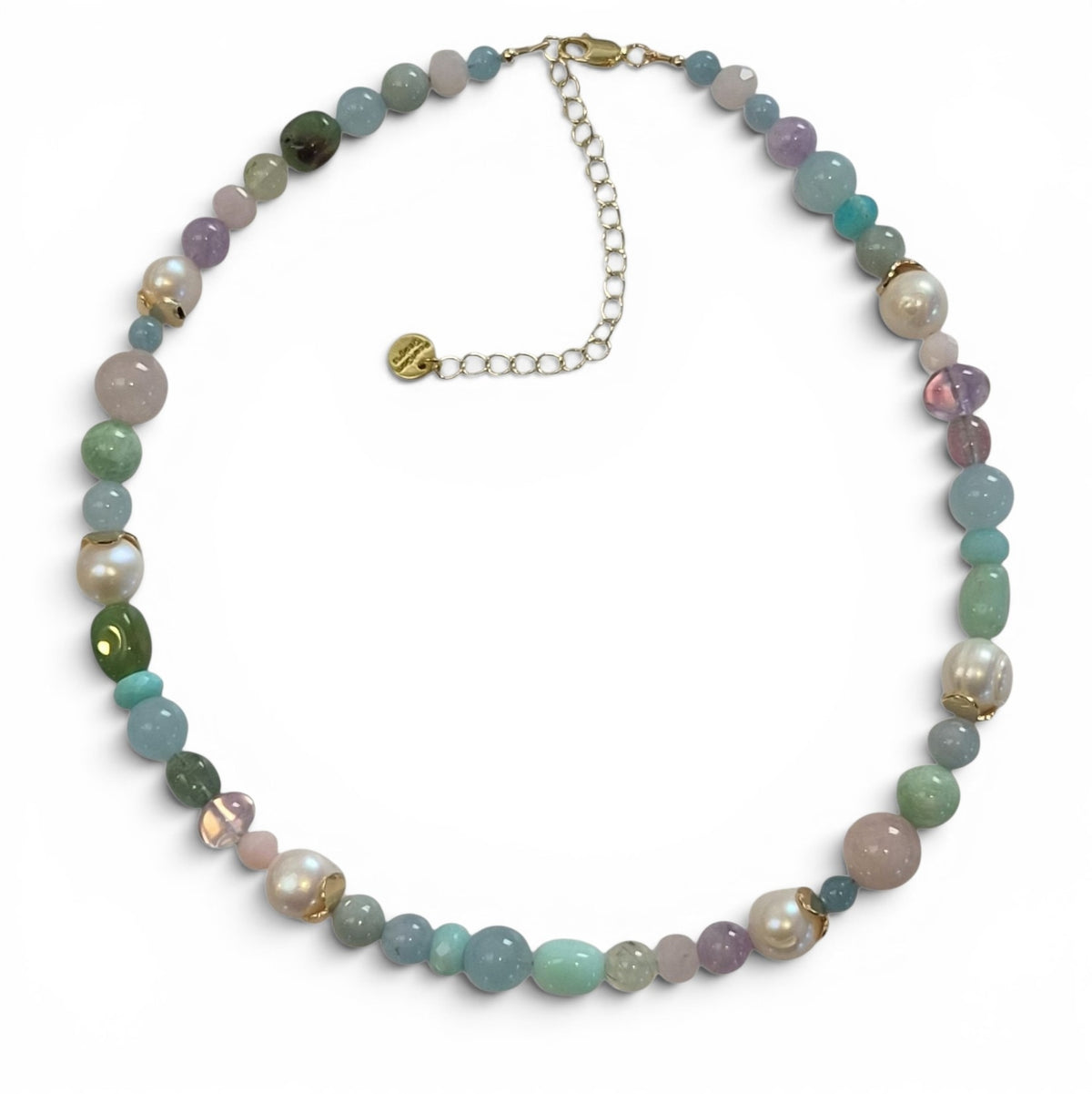 Bridgette Aquamarine, Rose Quartz, Amethyst, Chrysophase and Pearl Necklace