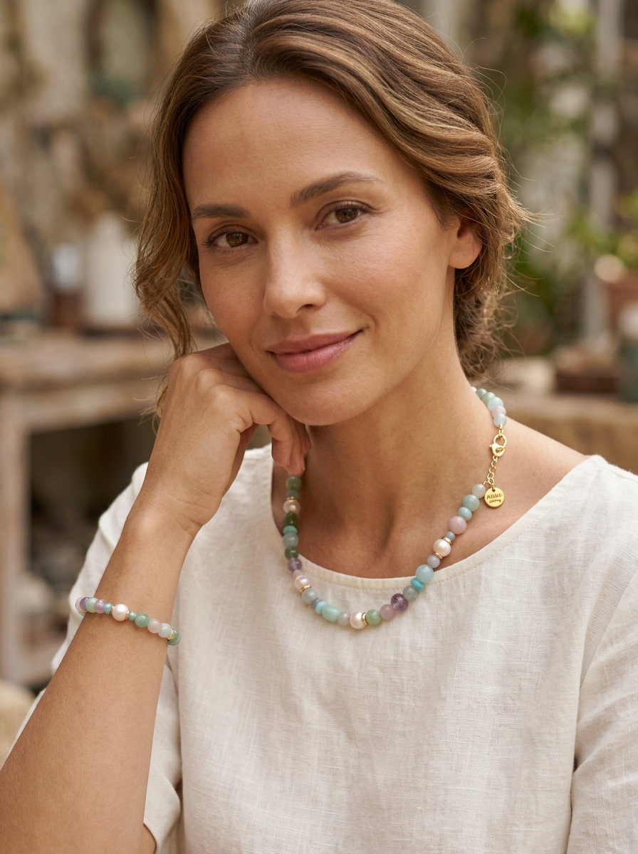 Bridgette Aquamarine, Rose Quartz, Amethyst, Chrysophase and Pearl Necklace