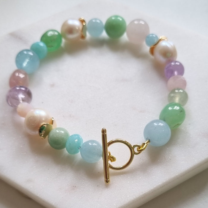 Bridgette Aquamarine Rose Quartz Amethyst Chrysophase Pearl Bracelet