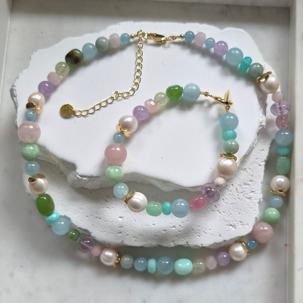 Bridgette Aquamarine, Rose Quartz, Amethyst, Chrysophase and Pearl Necklace
