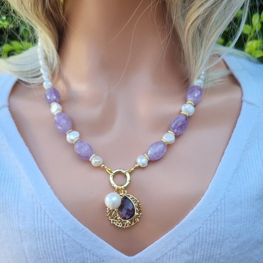 Brielle Pearl and Lavender Amethyst Necklace