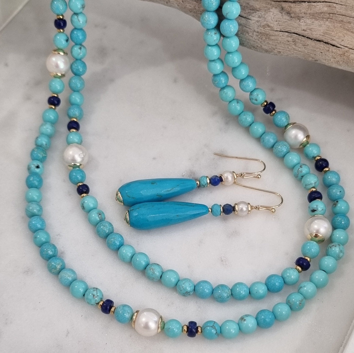 Camille Turquoise, Lapis Lazuli and Pearl Necklace and earrings