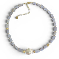 Celeste Blue Lace Agate and Keshi Pearl Necklace