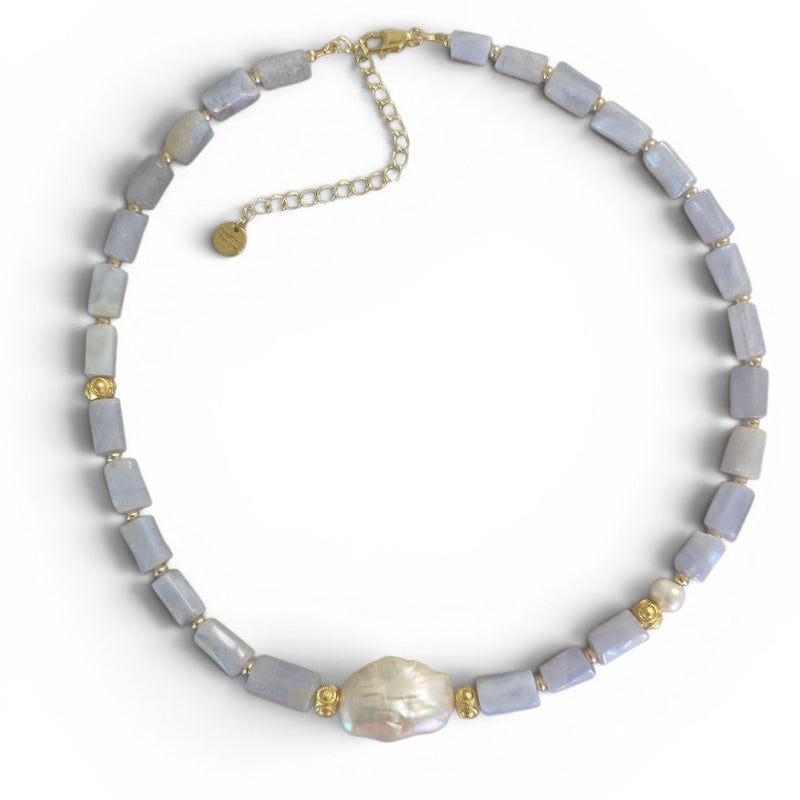 Celeste Blue Lace Agate and Keshi Pearl Necklace