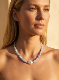 Celeste Blue Lace Agate and Keshi Pearl Necklace