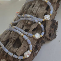 Celeste Blue Lace Agate and Keshi Pearl Necklace