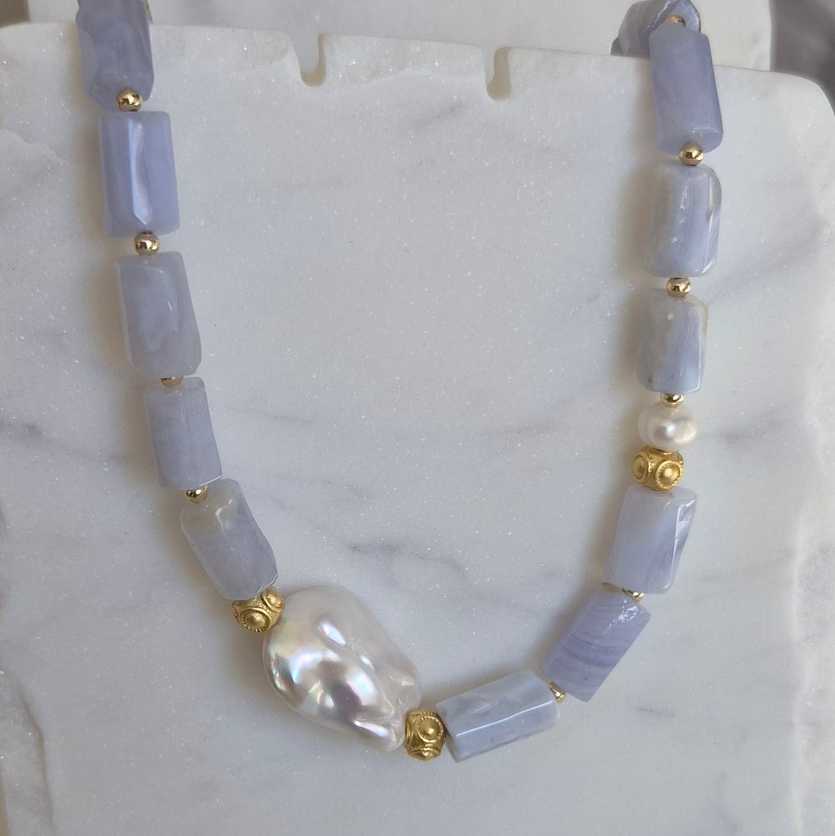 Celeste Blue Lace Agate and Keshi Pearl Necklace