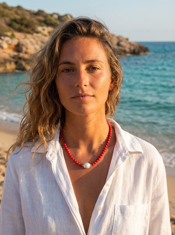Coastal Freshwater Pearl Necklace Red Coral