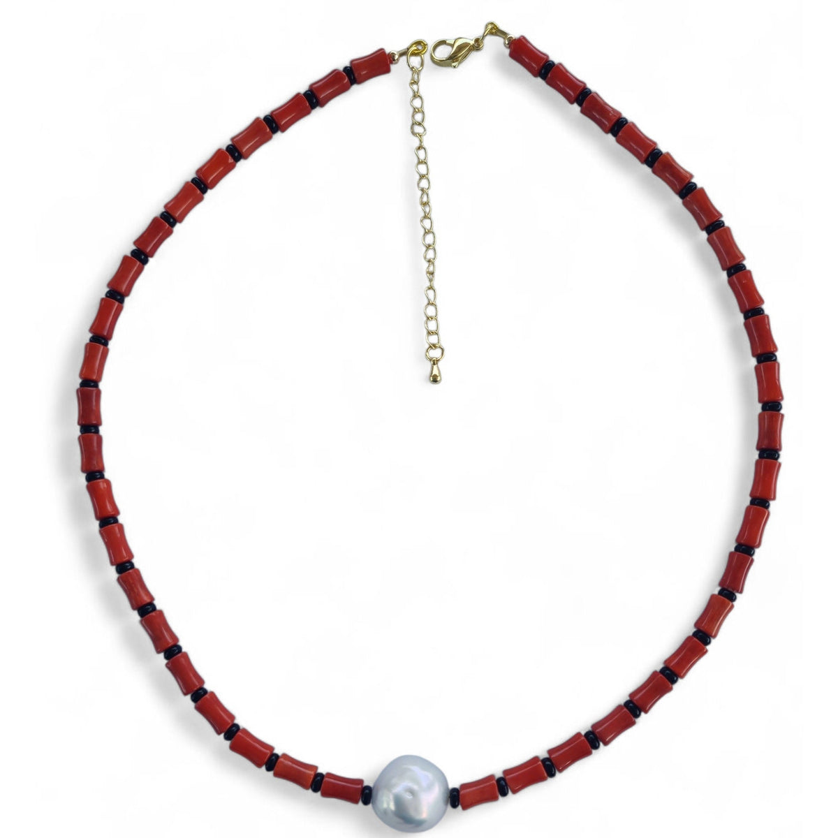 Coastal Freshwater Pearl Necklace Red Coral and Onyx