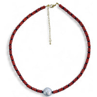 Coastal Freshwater Pearl Necklace Red Coral and Onyx