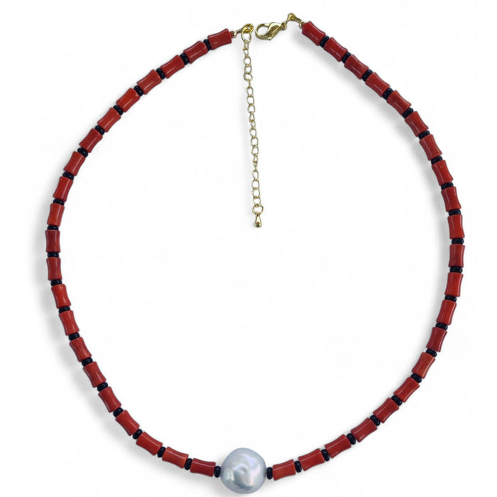 Coastal Freshwater Pearl Necklace Red Coral and Onyx