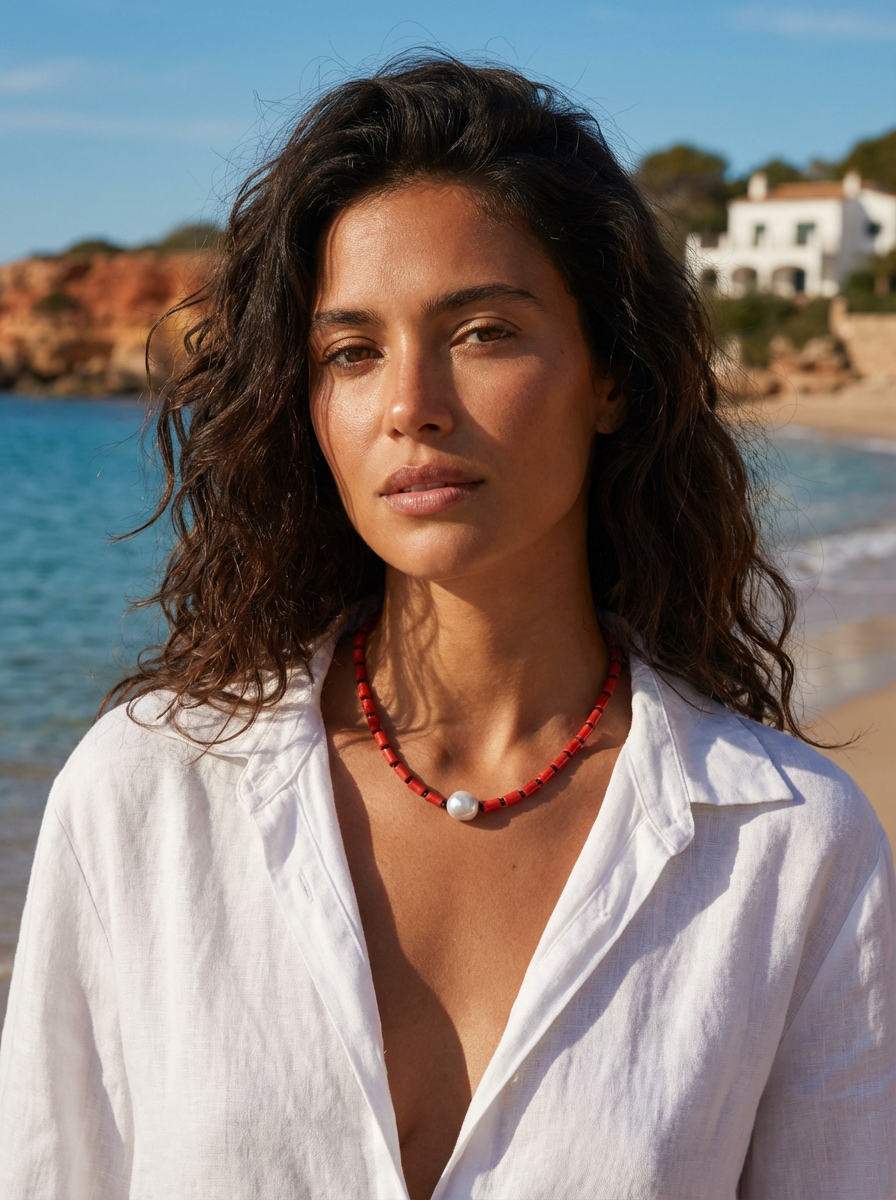 Coastal Freshwater Pearl Necklace Red Coral and Onyx