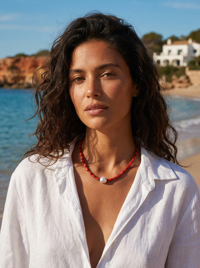Coastal Freshwater Pearl Necklace Red Coral and Onyx