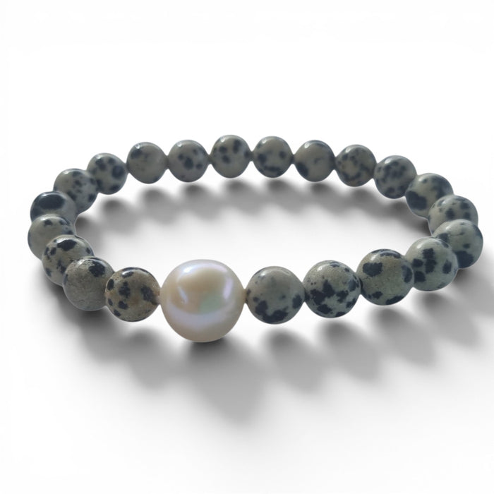 Dalmation Jasper and Freshwater Pearl Elastic Bracelet
