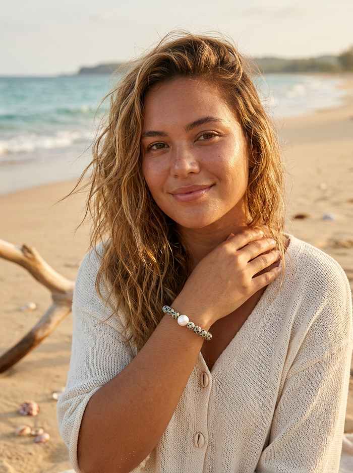 Dalmation Jasper and Freshwater Pearl Elastic Bracelet