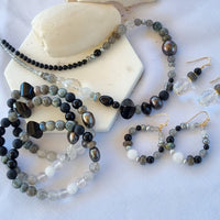 Ebon Onyx, Labradorite & Clear Quartz drop Earrings