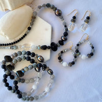 Ebon Onyx, Labradorite & Clear Quartz drop Earrings