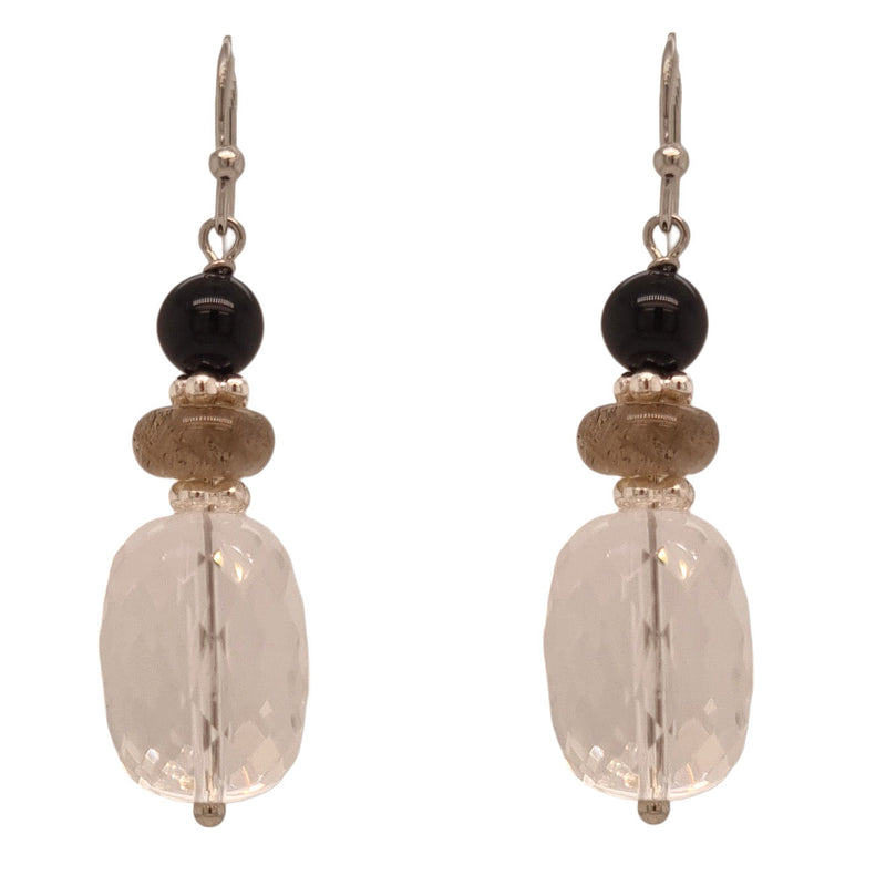 Ebon Onyx, Labradorite & Clear Quartz drop Earrings