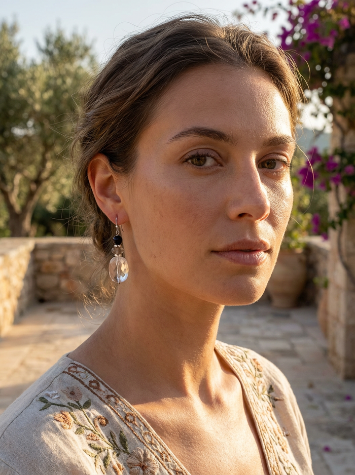 Ebon Onyx, Labradorite & Clear Quartz drop Earrings