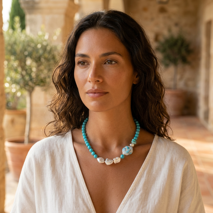 Ela Larimar Turquoise and Pearl Necklace