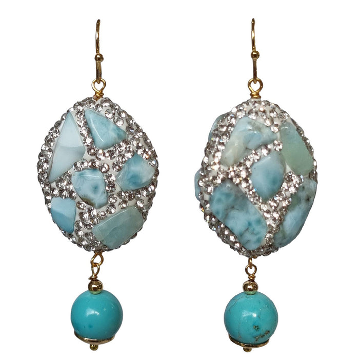 A pair of drop earrings featuring round dyed turquoise stones and 18k gold plated brass with crystal embellishments.