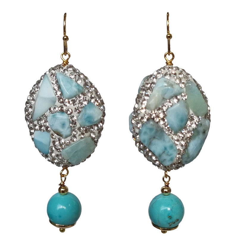 A pair of drop earrings featuring round dyed turquoise stones and 18k gold plated brass with crystal embellishments.
