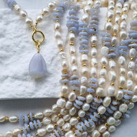 Farra Blue Lace Agate and Pearl Necklace with sage pendant
