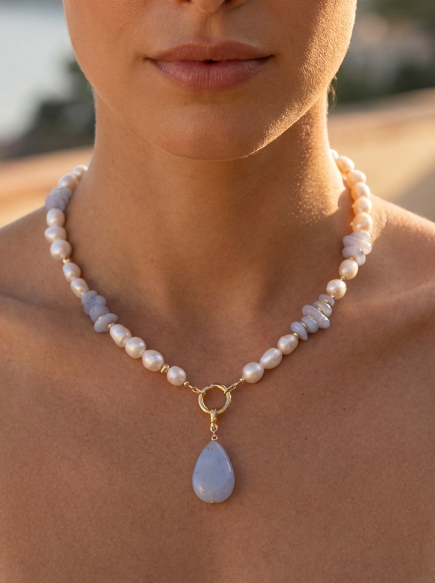 Farra Blue Lace Agate and Pearl Necklace