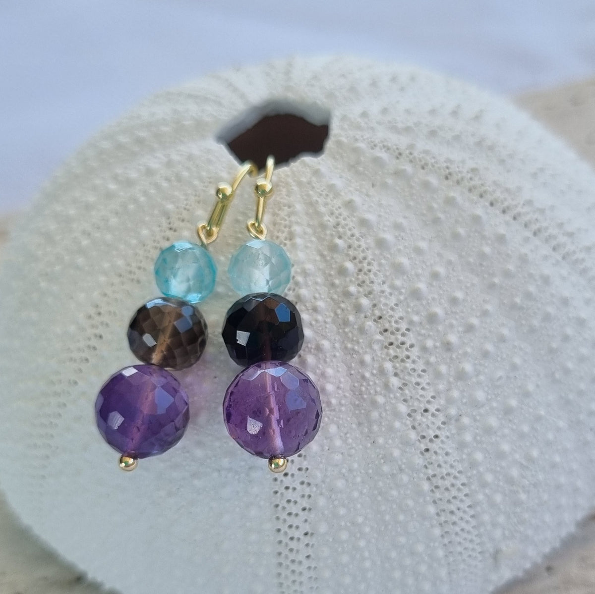 Genova Amethyst, Smokey Quartz and Blue Topaz Gold Filled Earrings