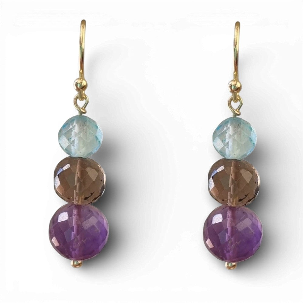Genova Amethyst, Smokey Quartz and Blue Topaz Gold Filled Earrings