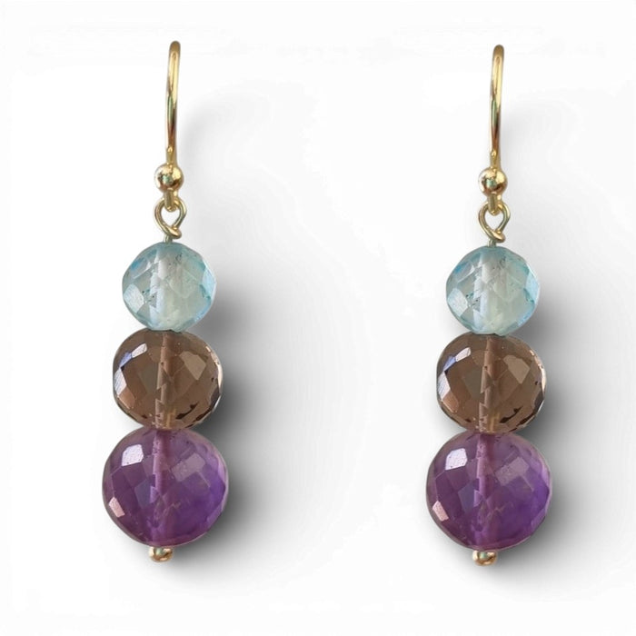 Genova Amethyst, Smokey Quartz and Blue Topaz Gold Filled Earrings