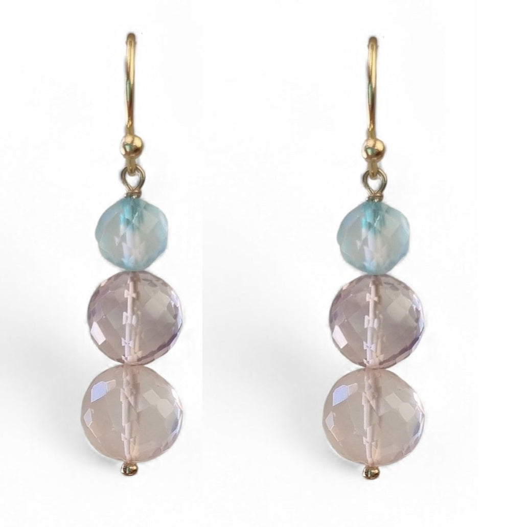Genova Roose Quartz, Amethyst and Blue Topaz Gold Filled Earrings