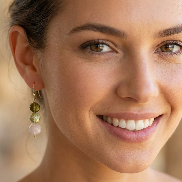 Genova Rose Quartz, Lemon and Beer Quartz Gold Filled Earrings